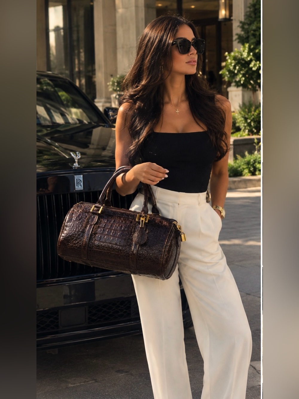 Croc-Texture Barrel Satchel Dark Brown padlock key